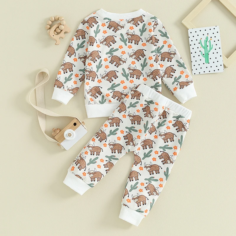 

Western Baby Girl Clothes Cow Print Sweatshirt and Pants Long Sleeve Cactus Print Shirt Toddler Sweatpants Outfits
