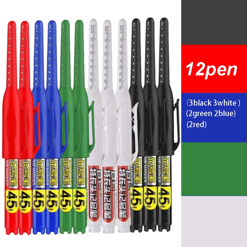 12Pcs Multi-Purpose 45mm Deep Drill Hole Long Nib Waterproof Marker Pens for Bathroom Woodworking