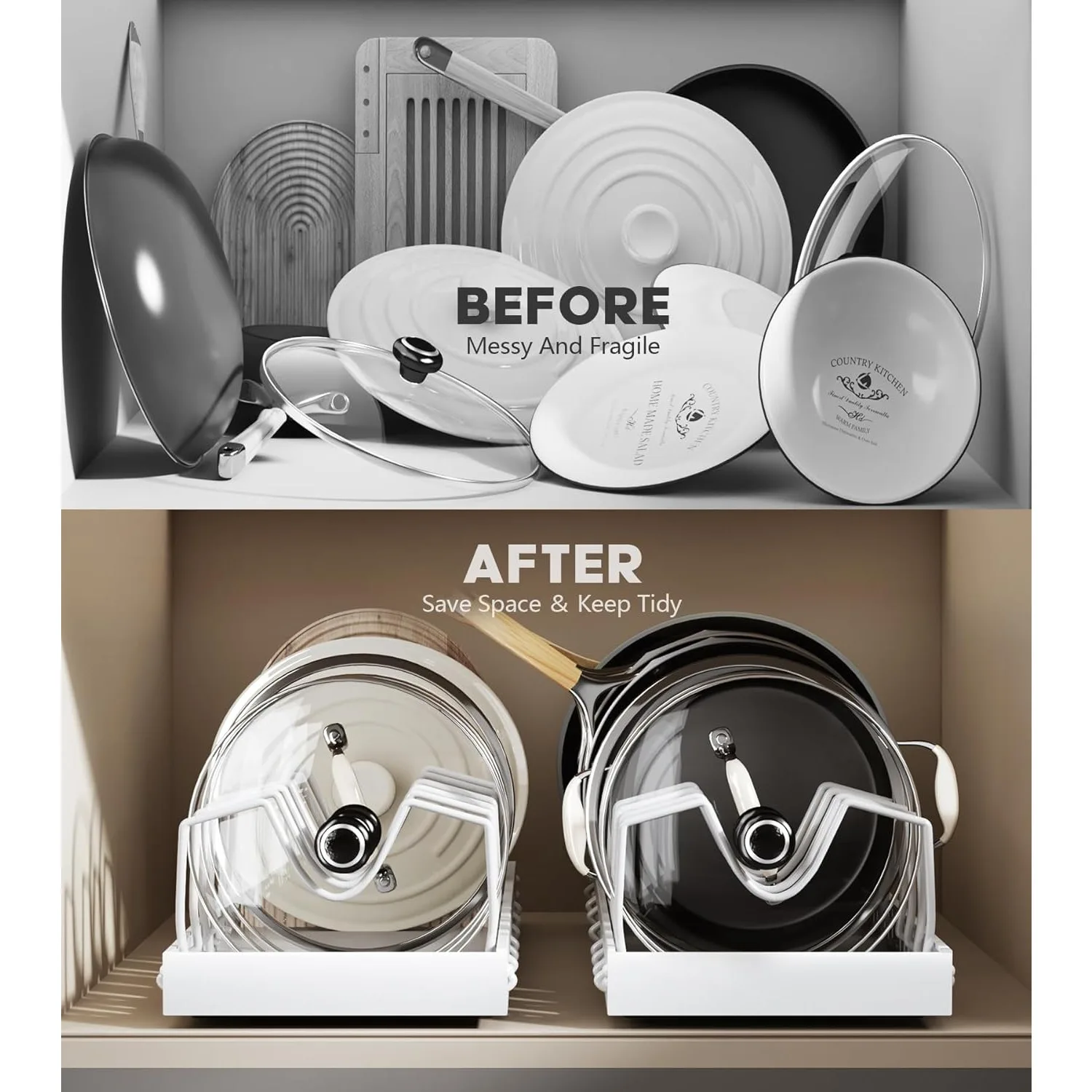 Pull Out Pots and Pans Organizer Under Cabinet, Sliding Lid Holder and Pan Rack in Kitchen, Slide Out inside Cabinet Storage