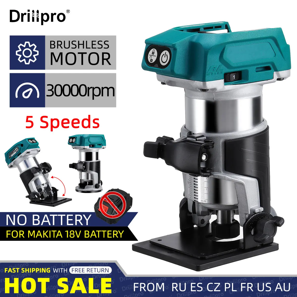 5 Speeds Brushless Electric Hand Trimmer Cordless Inclined Socket Wood Router Woodworking Engraving Makita 18V Battery Wood Router