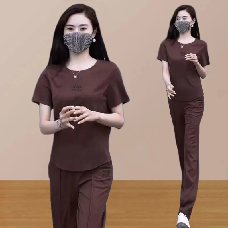Sports Clothing Set for Women's Summer 2024 New Loose and Fashionable Age Reducing Round Neck Pants Casual Two-piece Set Trend