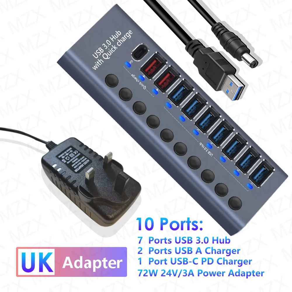 Premium Aluminum USB 3.0 Hub with Multiple Ports and Switch Adapter