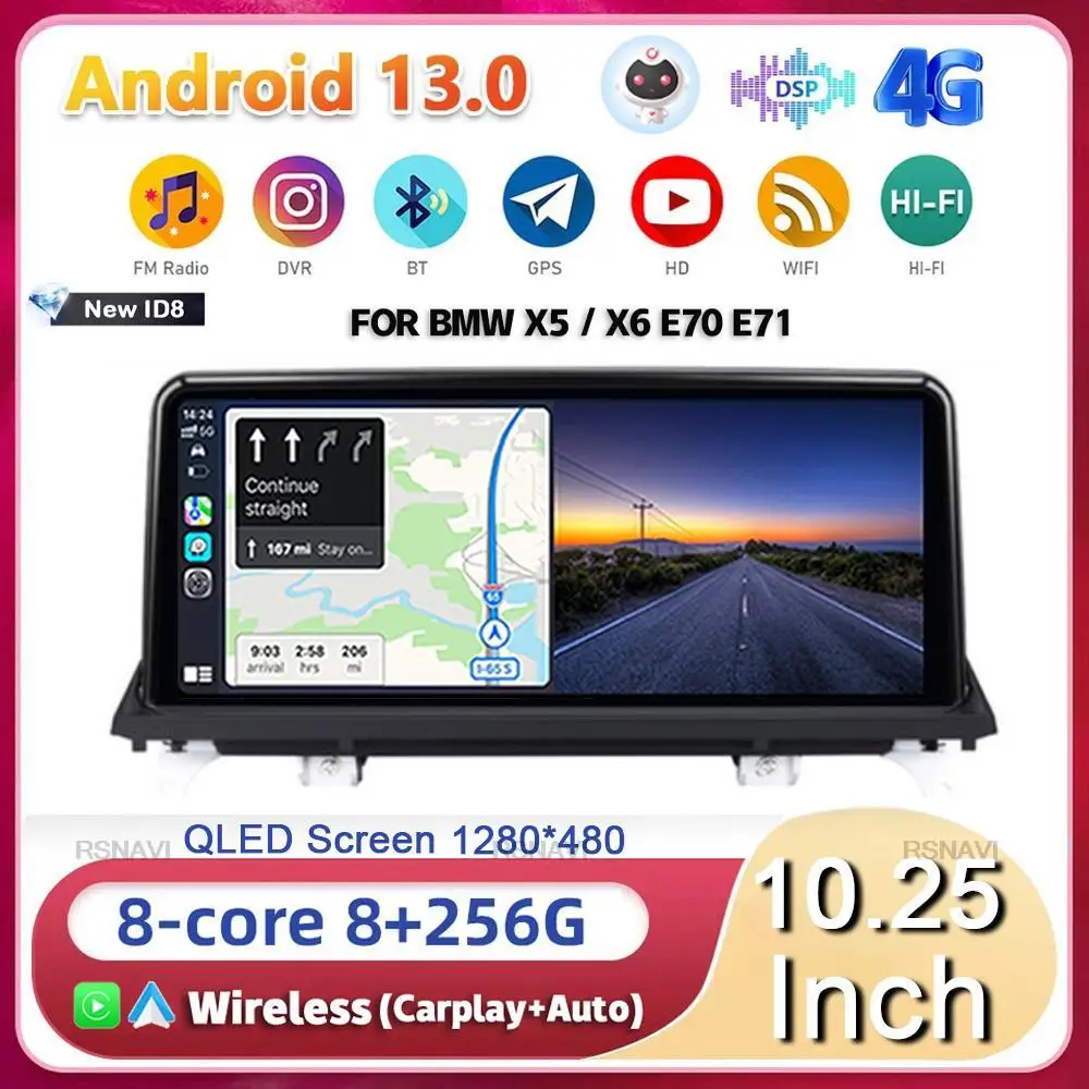 

10.25" Android 13 ID8 Wireless Carplay Auto Car Radio for BMW X5 E70 X6 E71 E72 CCC CIC Android Auto Multimedia GPS WIFI+4G SIM