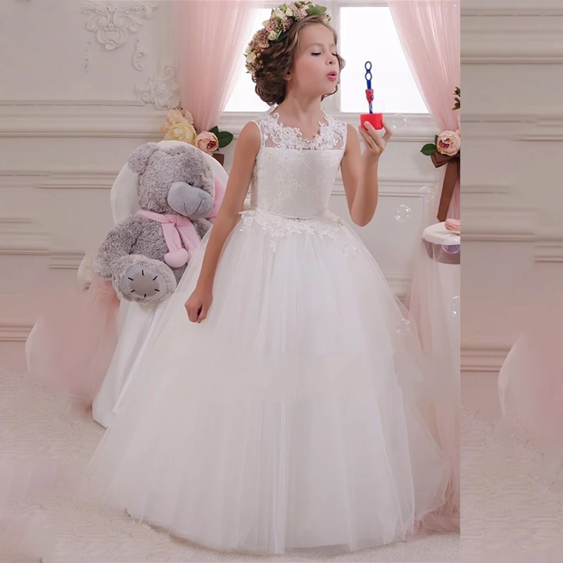 

Sleeveless Appliques Lace Flower Girl Dress Ball Gown Tulle Bohemian Pageant Princess Gowns Jewel Belt Birthday Party Gown