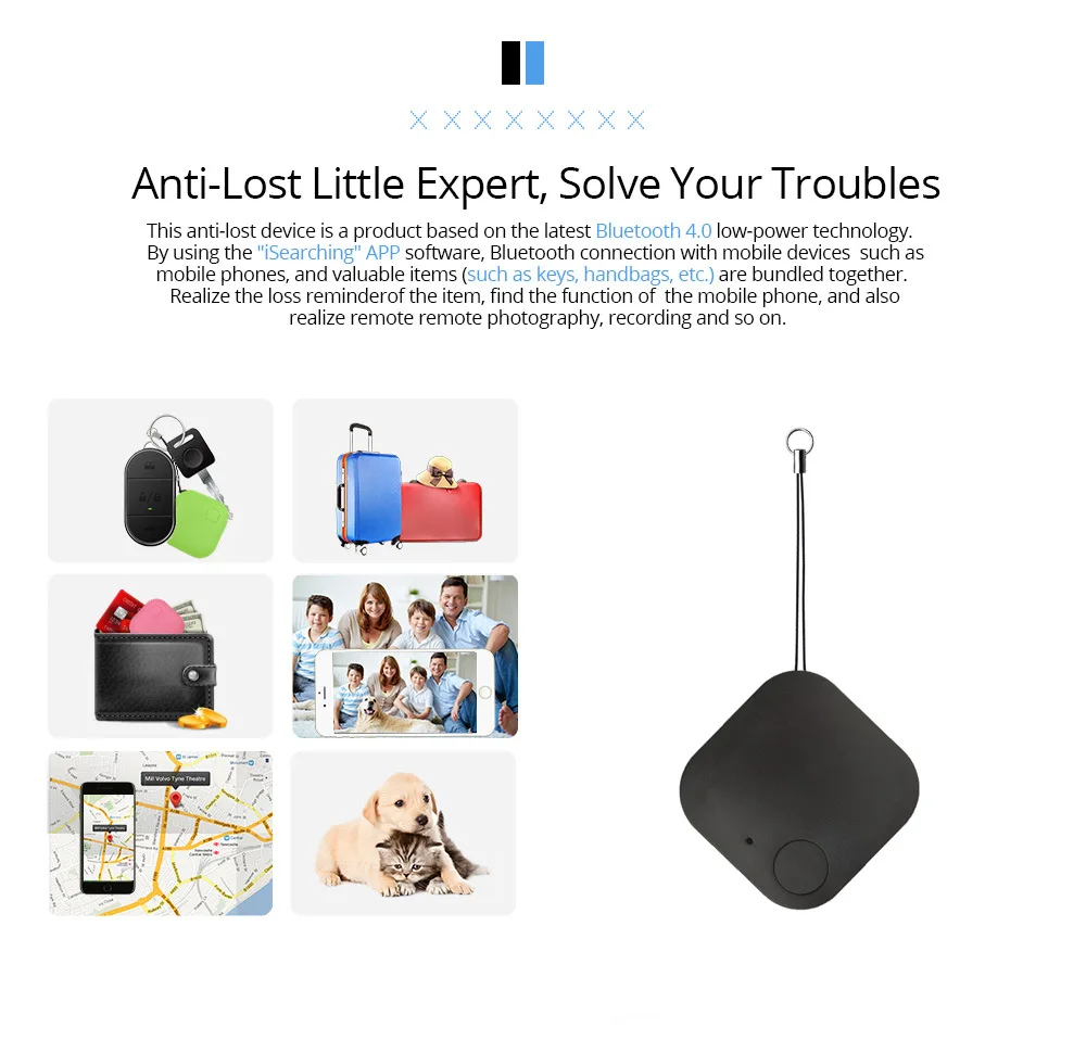 Mini GPS Tracker Bluetooth 5.0 Anti-Lost Device Square Cat Dog Pet Kids Bag Wallet Tracking for IOS/Android Smart Finder Locator