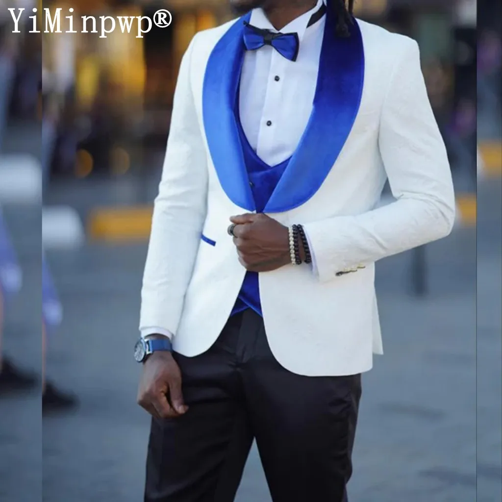 

Мужской свадебный костюм из трех предметов, элегантный синий костюм под смокинг с воротником-шалью, одной пуговицей, пиджак + жилет + брюки