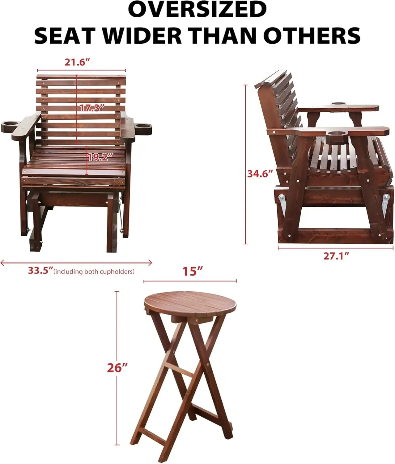 NEW-Outdoor Glider Chair, 3 Piece Wooden Glider Patio Furniture Set with Round Table, Cupholder, High Back, Dark Brown
