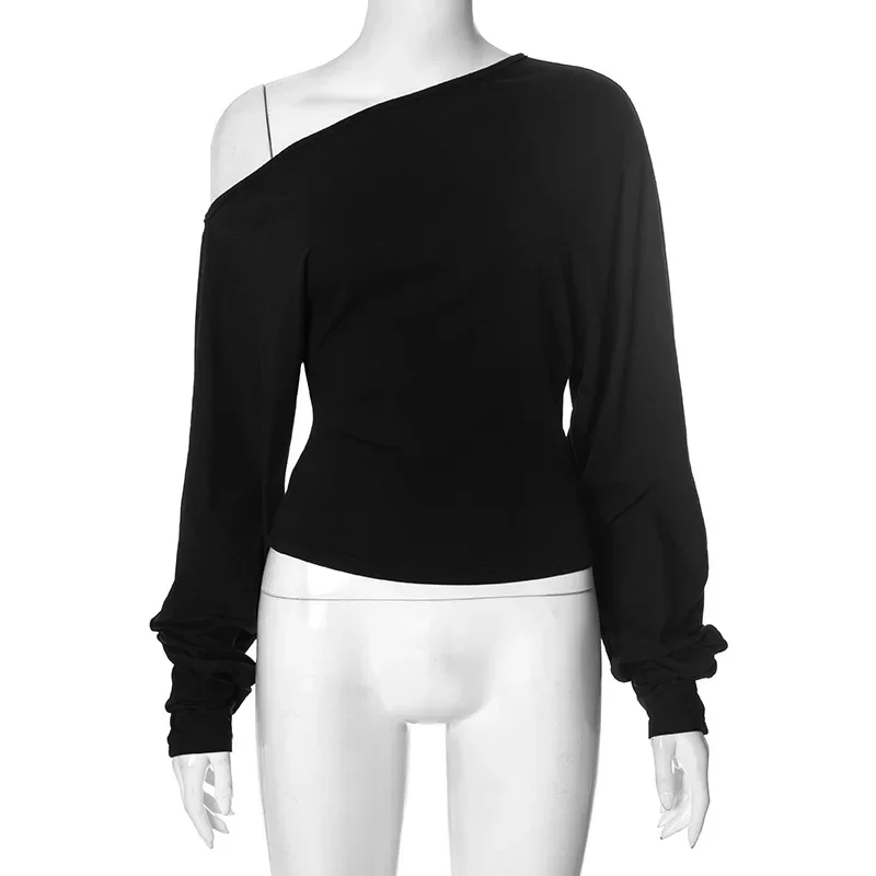 Autumn Fashion Sexy Inclined Shoulder Long Sleeve Backless Hollow Out T-Shirt Solid Casual Y2K Top Party Club Streetwear