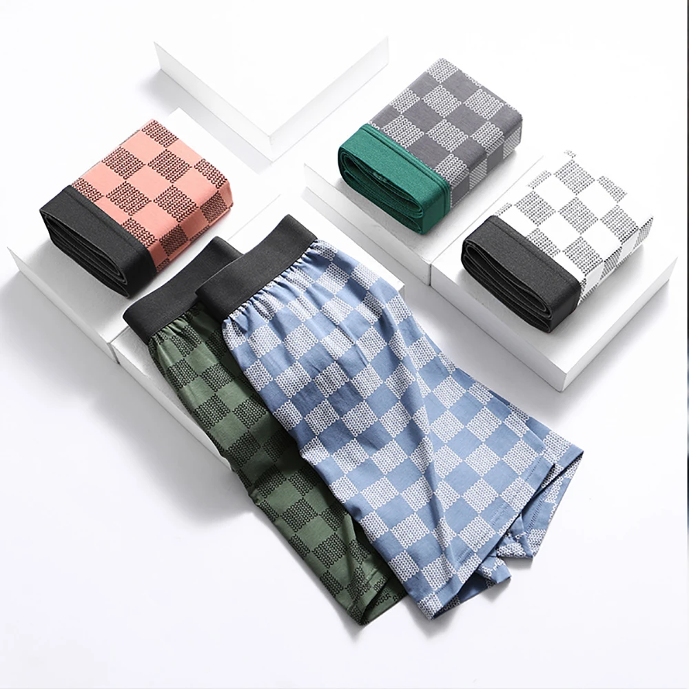 3PCS High Elastic Seamless Men Summer Pajama Pants Sport Split Breathable Cotton Plaid Underwear Man Plus Size Boxers & Briefs
