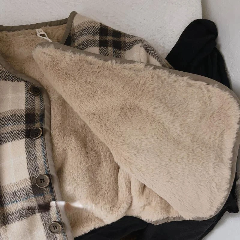 Woolen Plaid Children's Plush Coat Korean Version Autumn and Winter New Boys' and Girls' Coats Loose Baby Cotton Padded Clothes