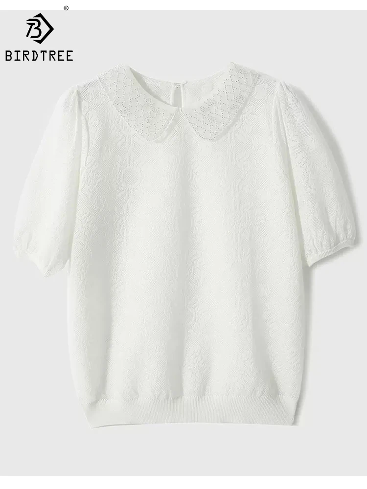 

Birdtree 5%Real Silk T-Shirt,Women Lapel Flower Jacquard,Comfortable Breathable Short Sleeve Knit Top,2024 Spring New T41086QD