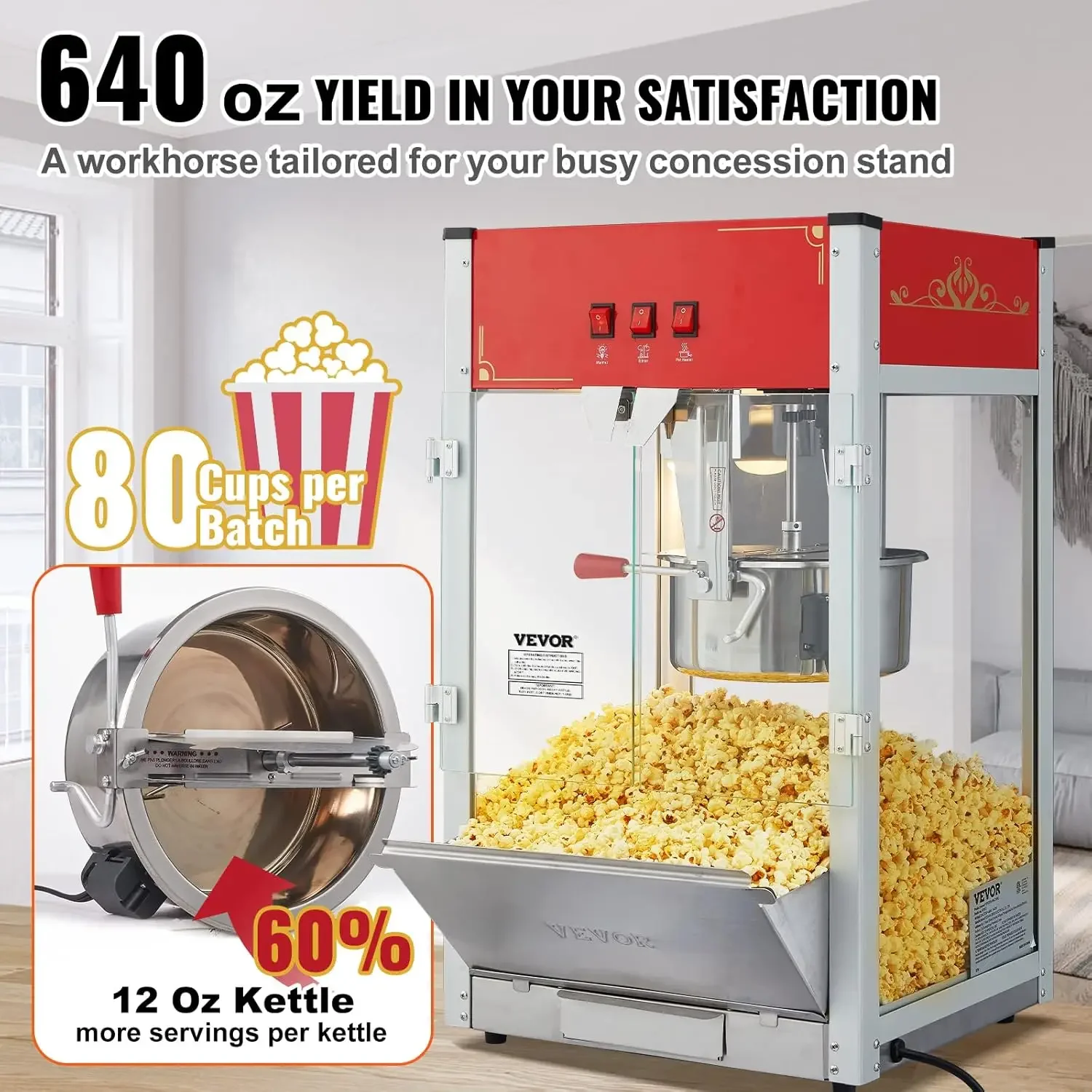 Commercial Popcorn Machine, 12 Oz Kettle, 1440 W Countertop Popcorn Maker for 80 Cups per Batch, Theater Style Popper with 3