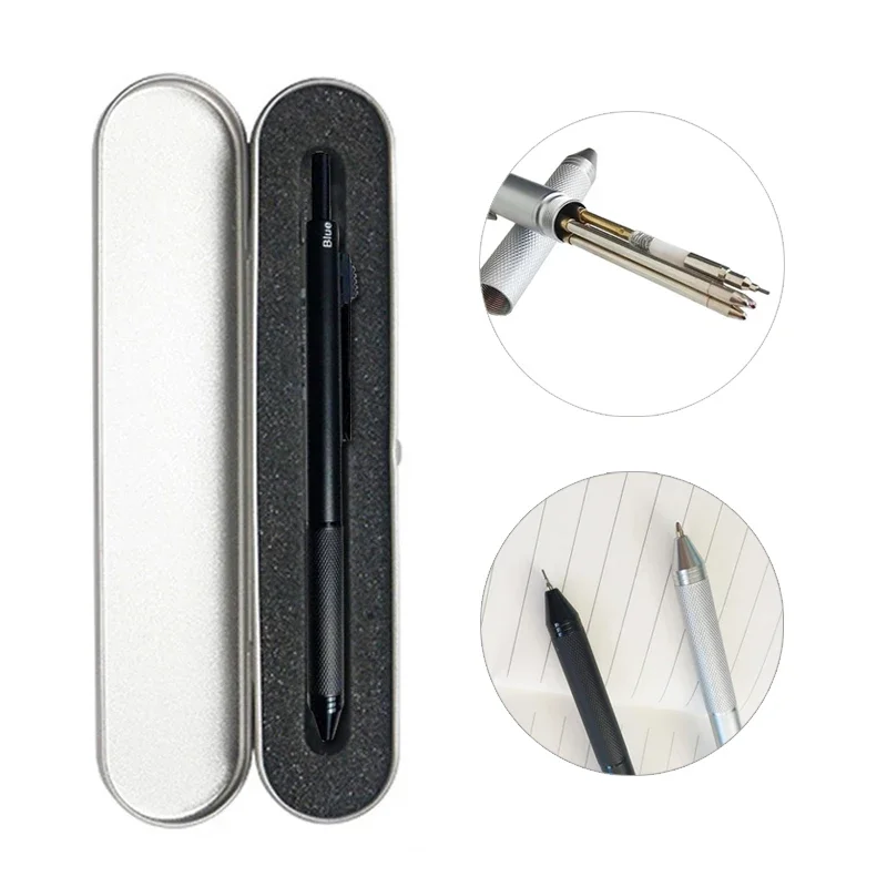 Multifunction Ballpoint Pen Multifunctional Pen Ballpoint Pen Ball Point Pen 4 In 1 Multicolor Metal Pen with 3 Colors Ball Pen Refills and Automaticl Pencil Lead Students School Supplies Stationery Gifts