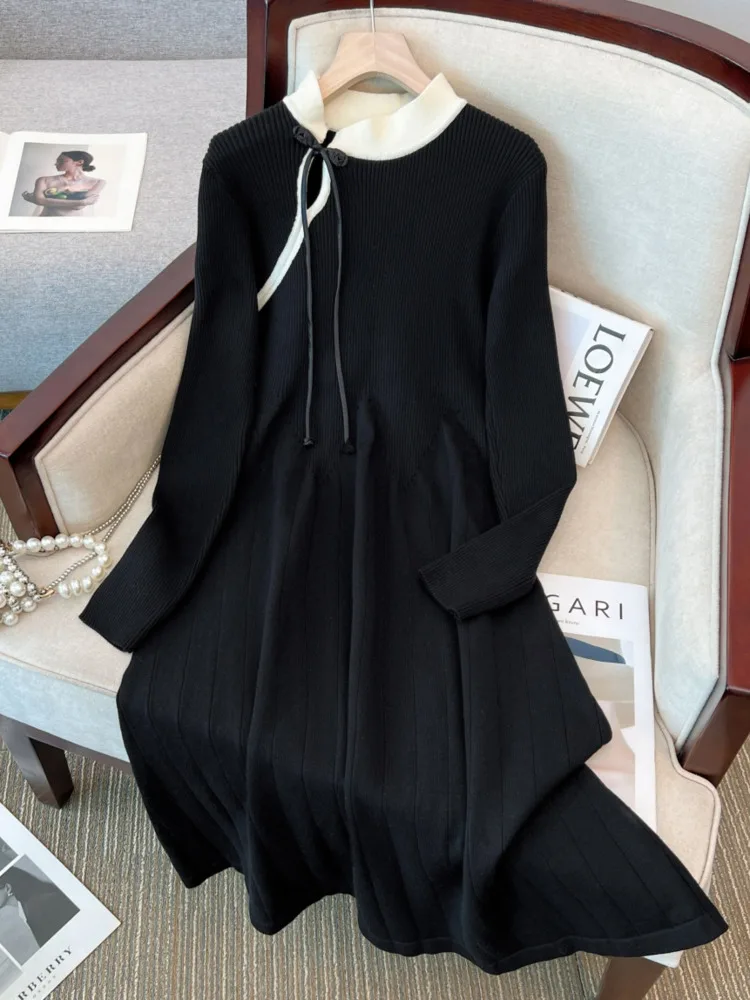 

Autumn Winter Warm Knit Sweater Dress Chinese Style Slim Temperament Knitted Dresses Office Ladies Elegant Knitwears Dresses 4XL