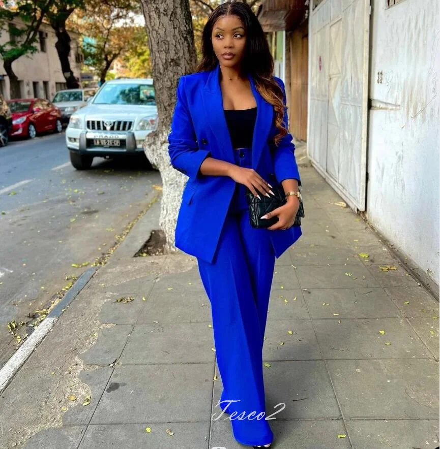Tesco Royal Blue Women's Pants Sets Double Breasted Blazer Wide Leg Pants Casual Women Suit 2 Piece conjuntos de calça