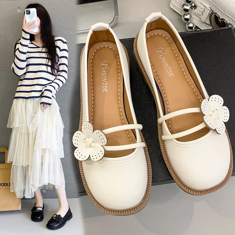 

2023 Fashion Women Dress Shoes Solid Sweet White Shoes Pumps For Womans Party Shoes PU Flower Med High Heels Female Office Shoes