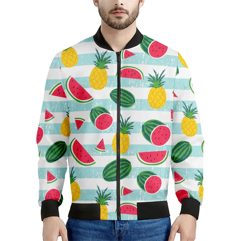 thumbnail image 1 of Chaqueta de bombardero con cremallera de primavera y otoño con estampado de frutas tropicales, moda Harajuku, chaqueta de vuelo de manga larga con estampado 3D de sandía, 1 of 5
