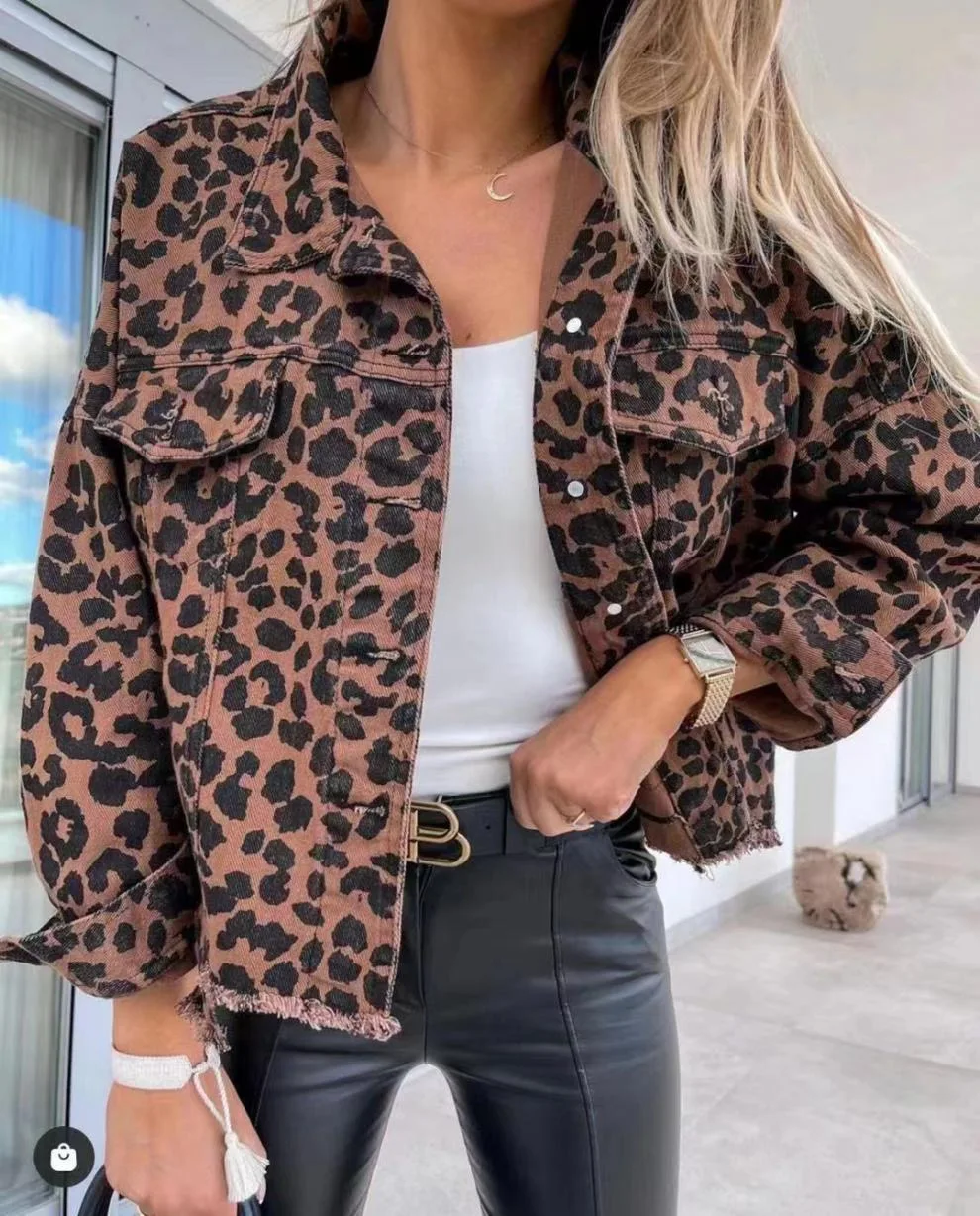 

2023 Autumn New Women's Jacket Coat Popular Leopard Denim Jacket Fashion Tassel Casual Sexy Versatile