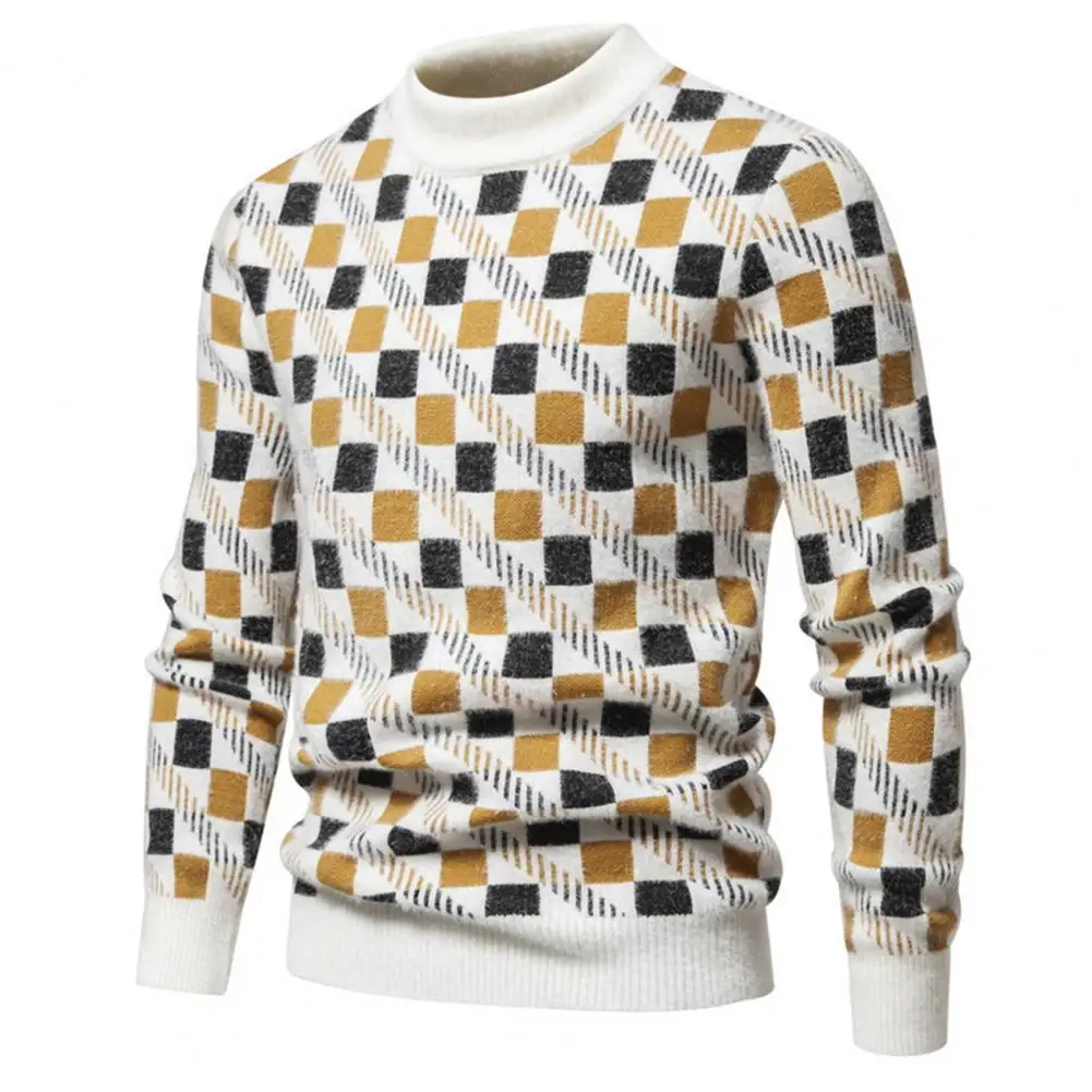 Long Sleeve Men Sweater Geometric Print Plush Men's Sweater Warm Round Neck Pullover for Business Casual Wear Men Round Neck