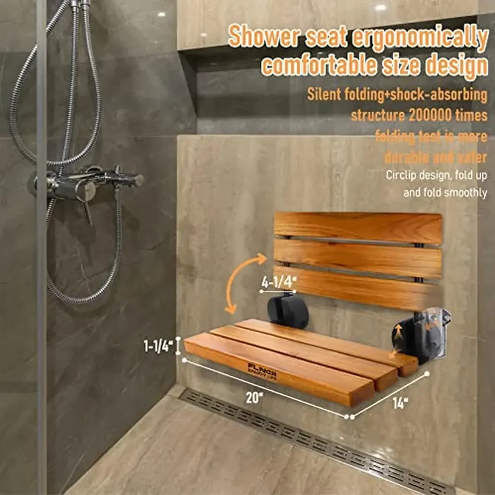 Teak Wood Wall Mounted Foldable Shower Bench Small Space Comfortable & Sturdy Ideal Shower Room Hospital Living Room Non-Slip & 4