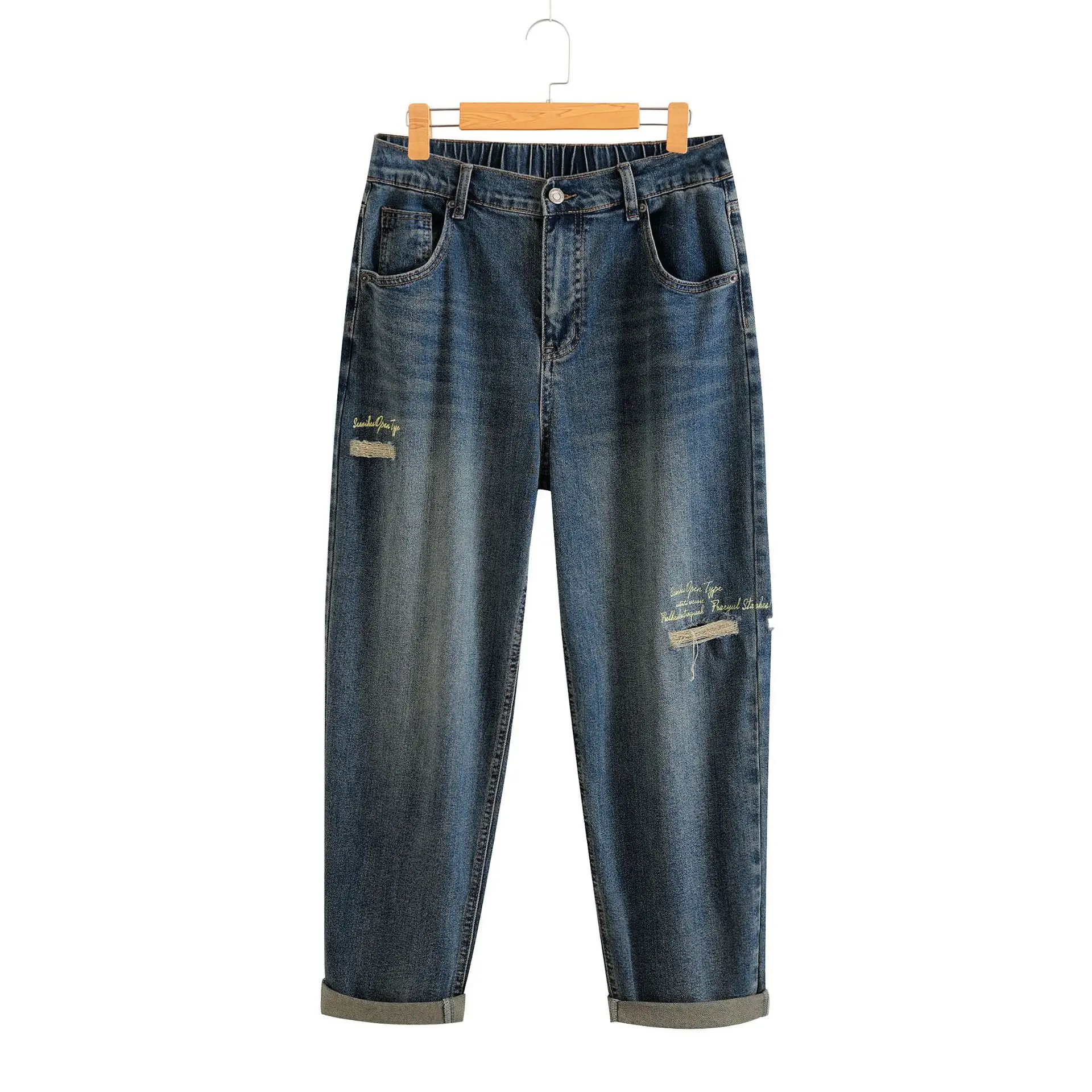 Fashion Plus Size Women's Jeans Autumn New Fashion Design Fake Holes Letter Premium Stretch Denim Full Length Harem Pants 8361