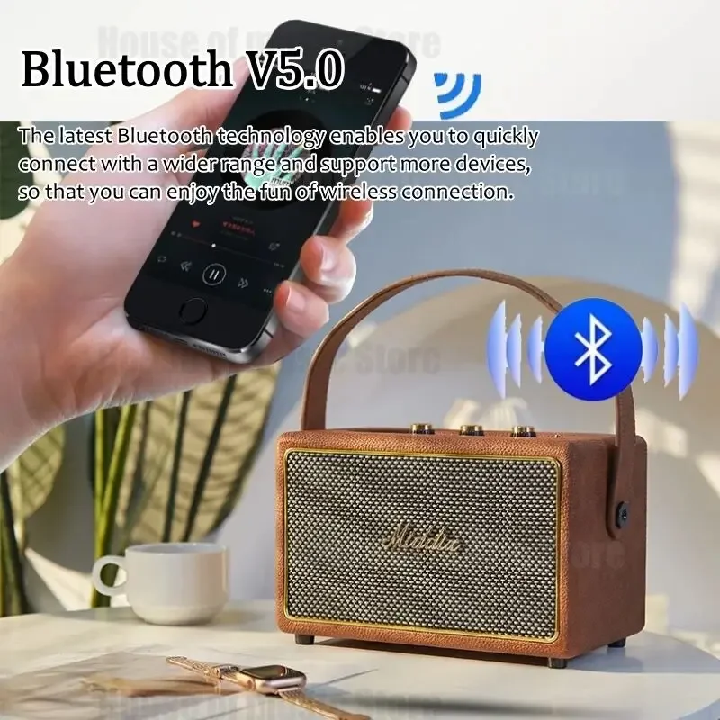 Bluetooth Speaker Professional Portable Wireless Vintage Bluetooth Speakers USB Card Reader Wooden PU Outdoor Home Music Player with Handle Grip