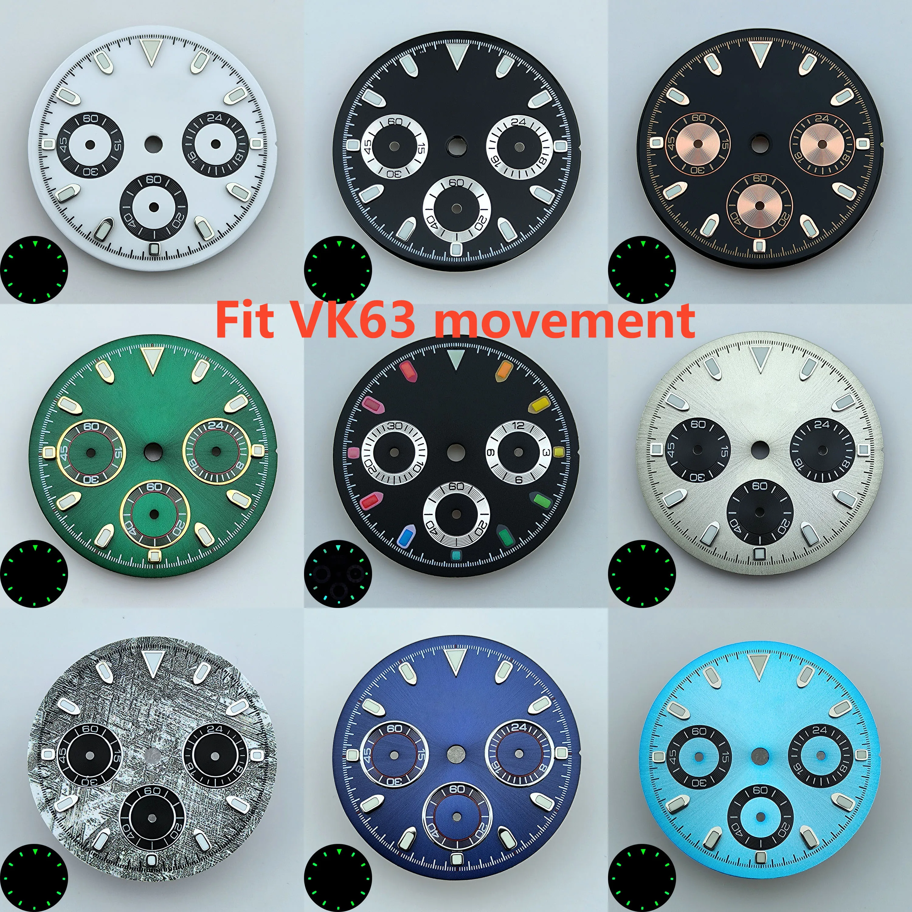 VK63 크로노그래프 시계 다이얼, 29.8mm VK63 다이얼, 녹색 발광 팬더 다이얼, s 다이얼, VK63 쿼츠 무브먼트 핏