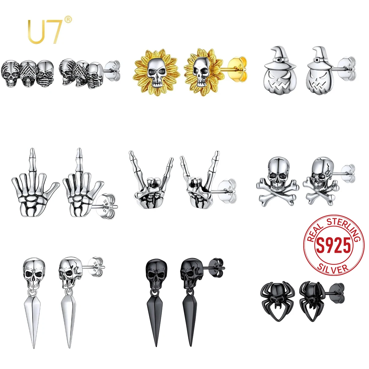U7 925 Sterling Silver Stud Earrings Rock Hand Gesture Skeleton Skull Hands Earrings Rivets Punk Gothic Unisex Jewelry Gift