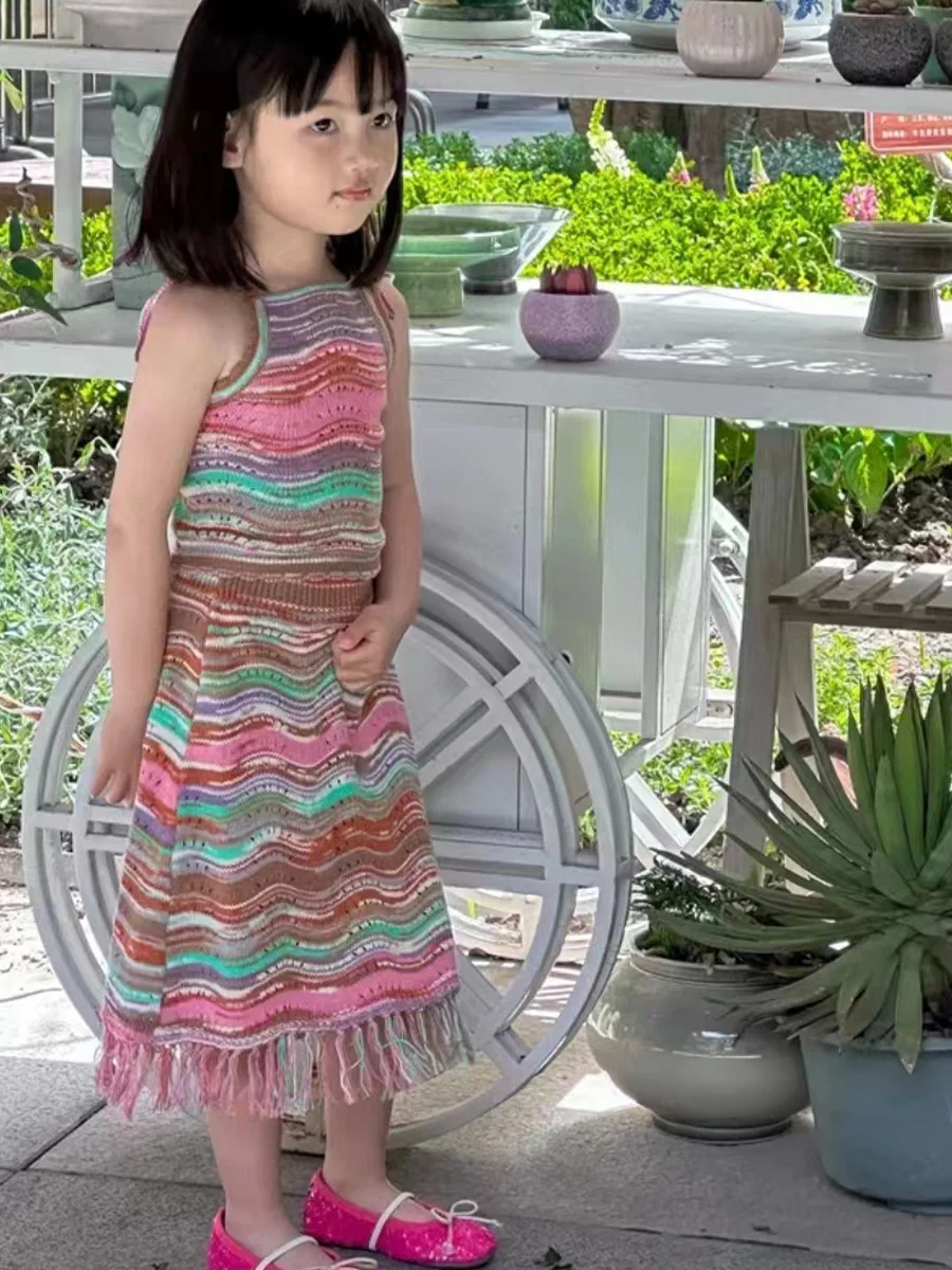 

Jenny&Dave Girl's Rainbow Knitted Sling Top 2024 European and American Summer New Girl's Tassel Half Skirt Holiday Set Girl