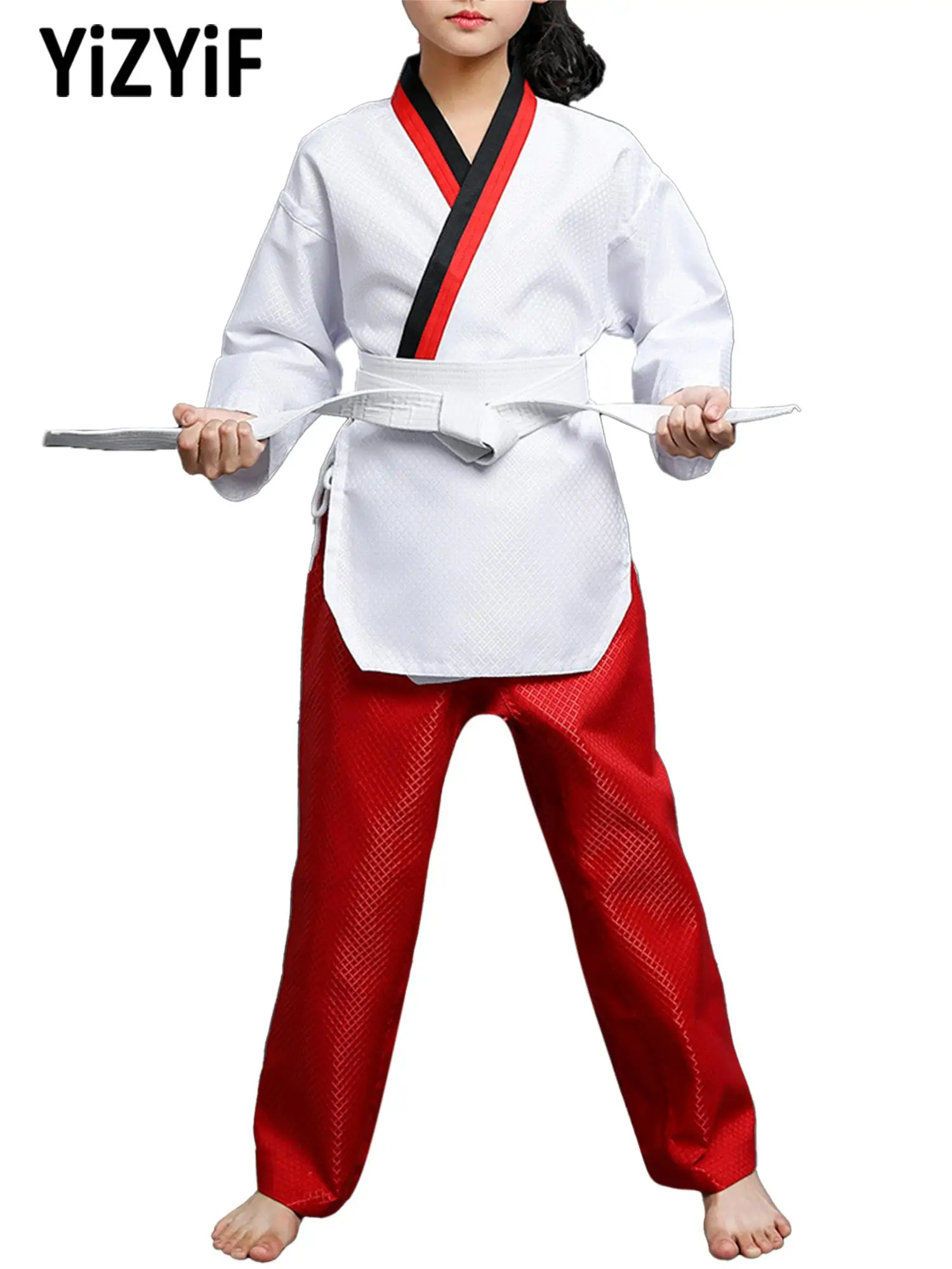 Fashion Girls' Taekwondo Uniforms Outfit Long Sleeve Belted Tops