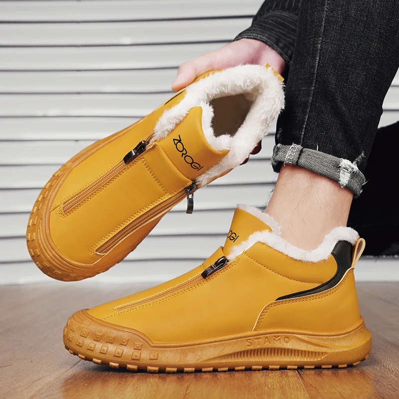Mens Walking Shoes Winter Warm Cotton Leather Waterproof Flat Non-slip Zipper Snow Boots High-top Trendy Sneakers Man 4