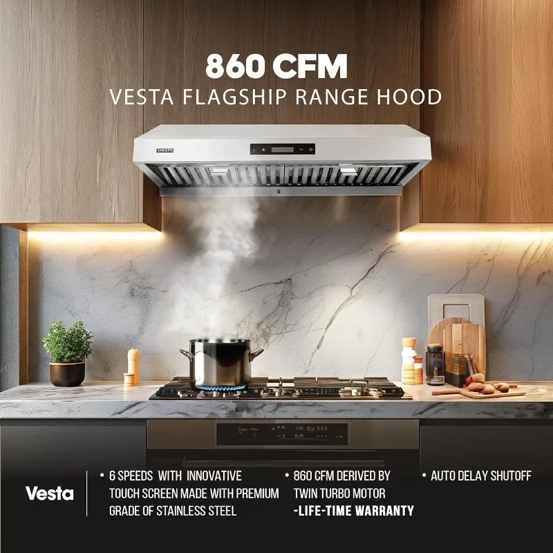 Vesta Atlanta 860CFM 30'' Stainless Steel Range Hood With Dual Motor, Auto Delay Shutoff, Contemporary Design, Pro Performance 2