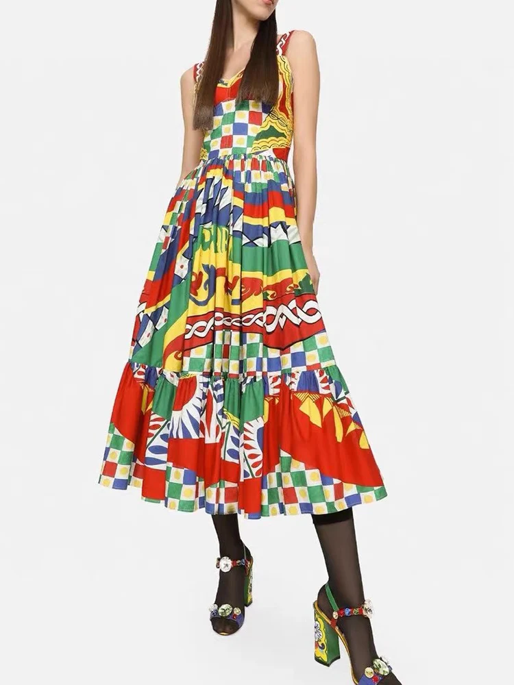 

Designer summer new print tube top dress with suspenders, high waist and big swing fluffy dress, fashionable long skirt for wome