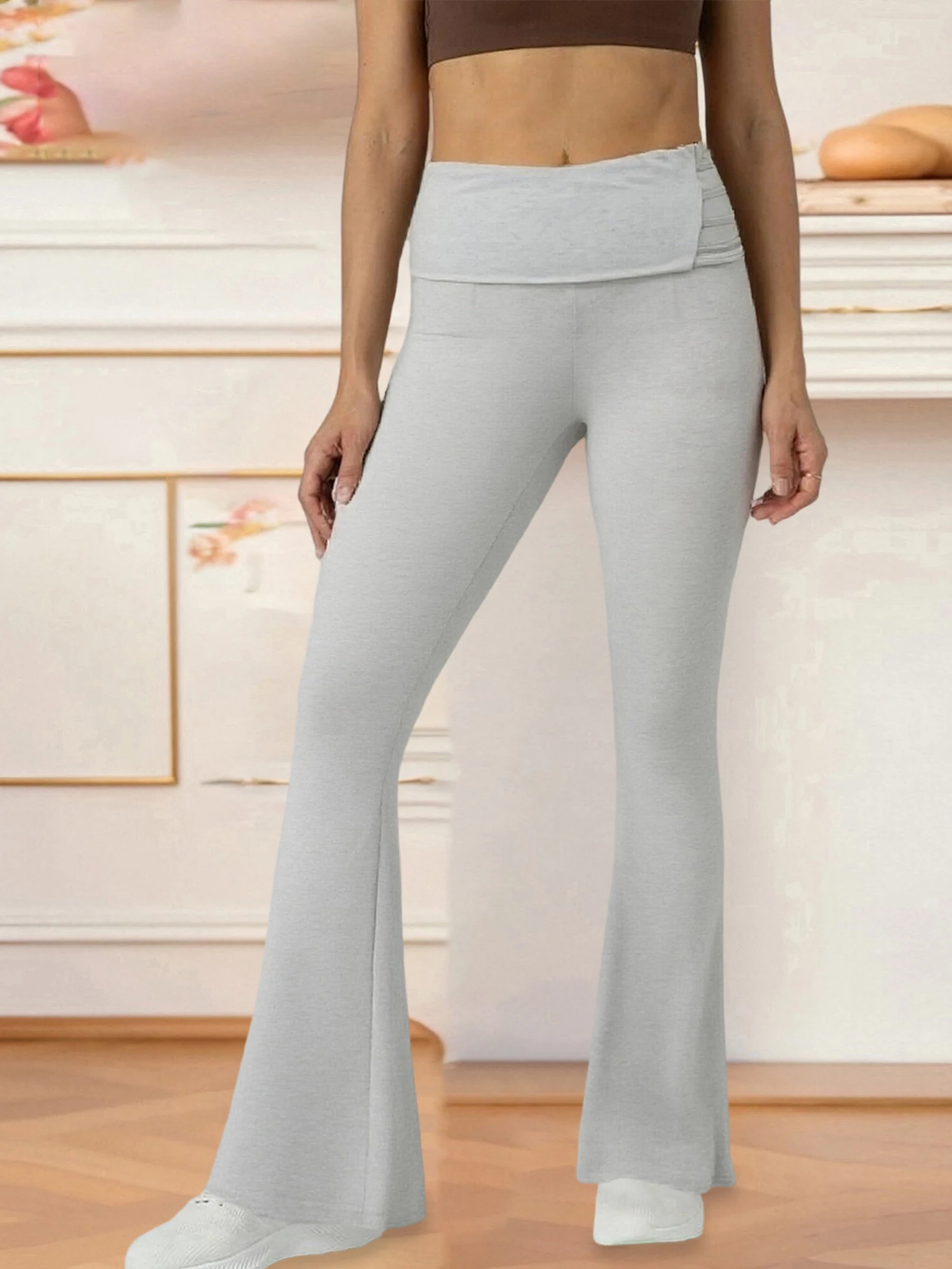 Women s Plus Size High Waisted Flare Pants with Elastic Waistband and Stylish Bell Bottoms for Work or Play - Solid Color Fold