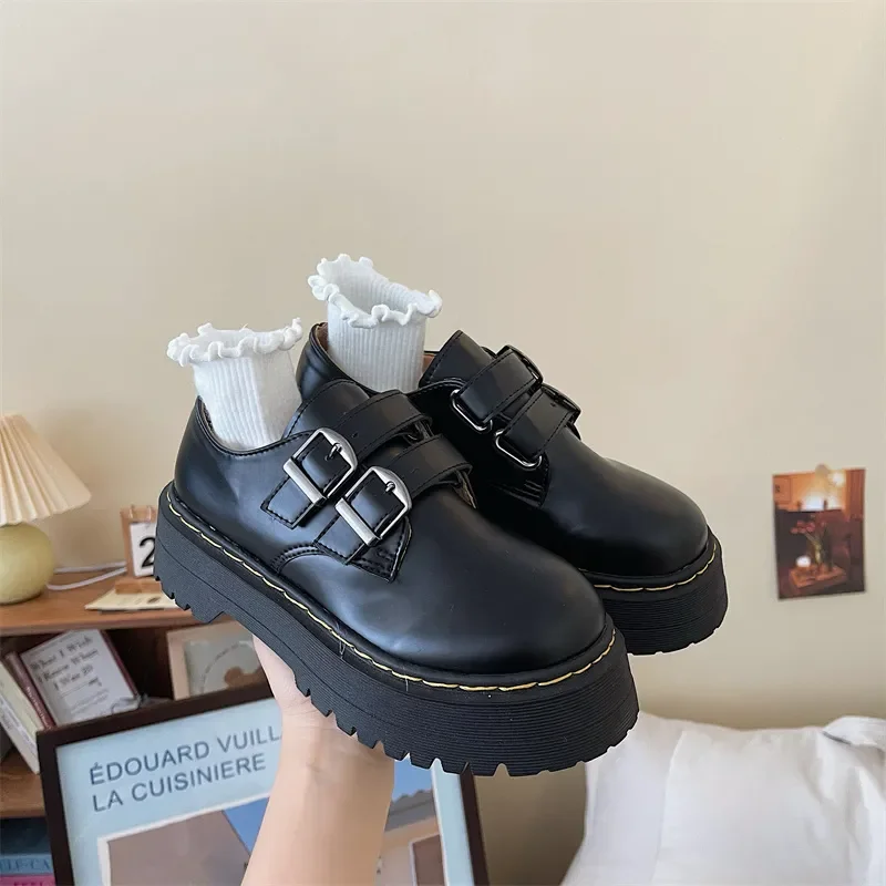 Summer Women's British Style Leather Shoes Thick Bottom Lace-up Black Single Shoes Female Fashion Student Platform