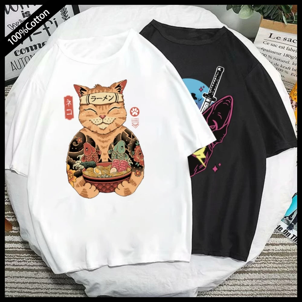 

Kawaii Catana Cat Tshirts Japan Vintage Creative Print Tops Funny Bad Ass Cat Samurai Tee Women Men Oversized T-shirts Camisetas