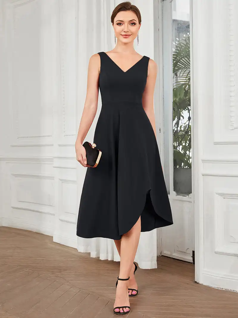 

Elegant Evening Dresses Sleeveless Asymmetrical Hem with V Neck Hidden zipper 2024 of Chiffon Black Bridesmaid Dress