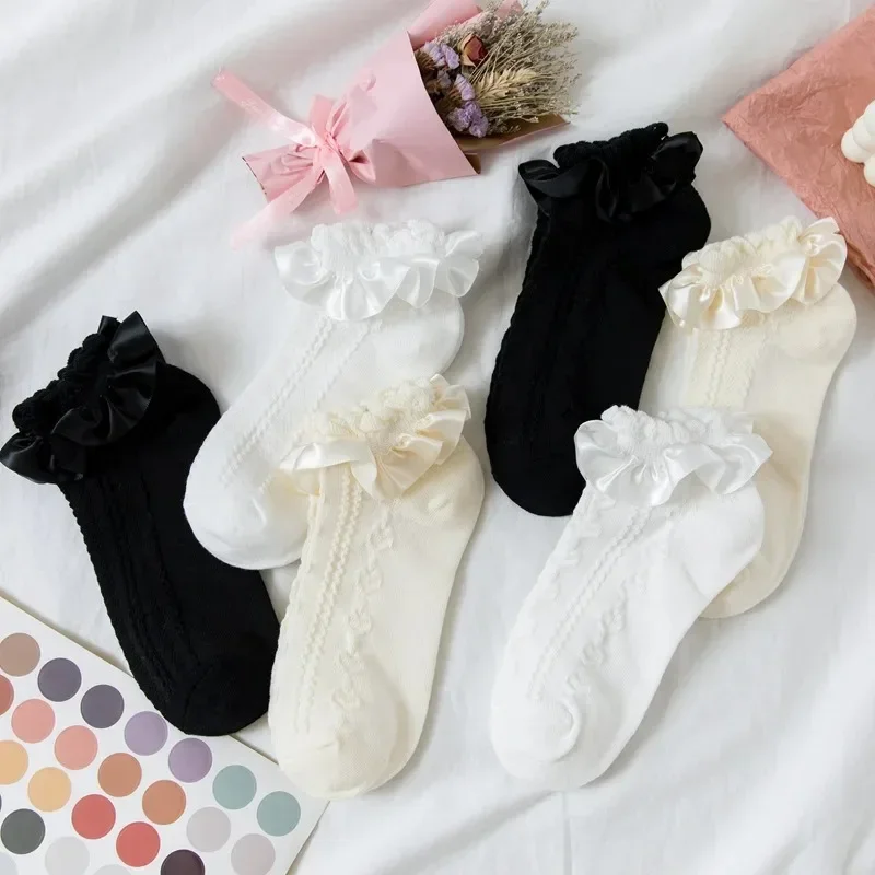 Kawaii Children Ruffle Socks JK Sweet Girls Lolita Cute Princess Cotton Thin Breathable Solid Color Black White Low Tube Socks