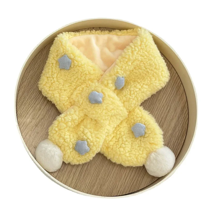 1-6years Children's Scarf Autumn and Winter Korean Version Ins Simple Labeling Star Plush Cross Boys and Girls Baby Scarfs