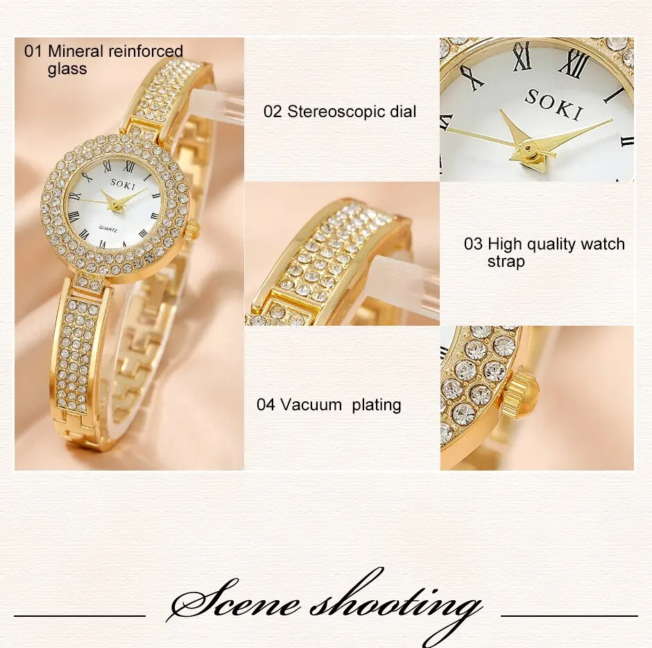 5 squisiti orologi al quarzo, set di gioielli rotondi alla moda, orologio da donna, collana di strass, orecchini, set di anelli_voghion.com
