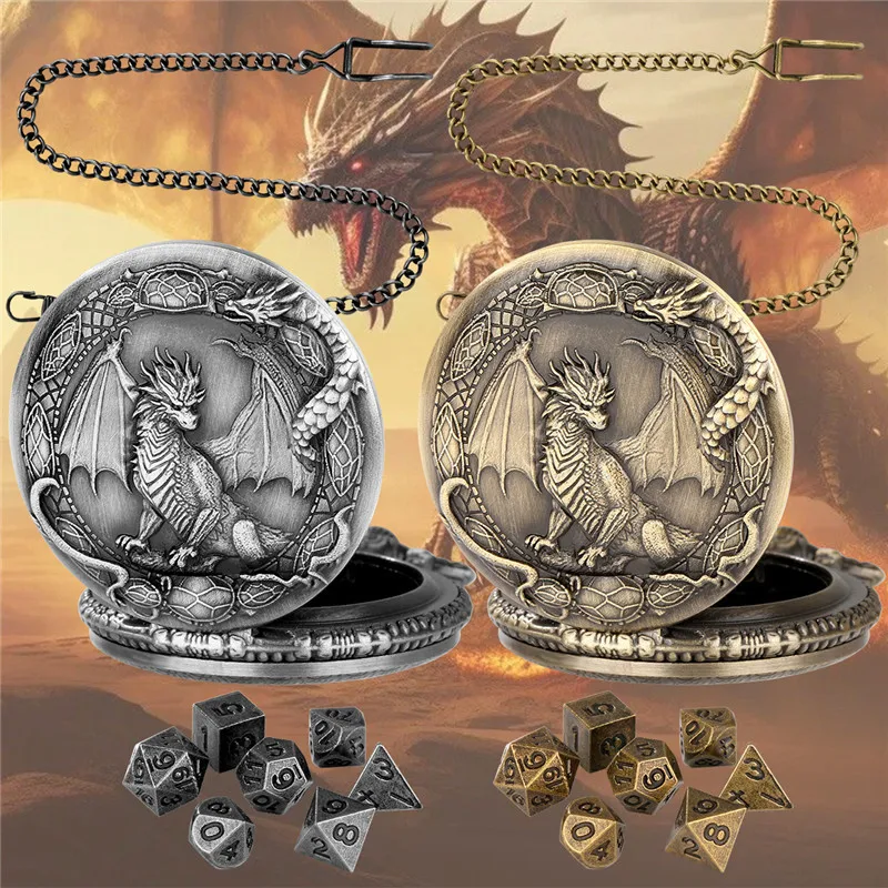 7-teiliges Mini-Würfel-Set aus Metall, polyedrisch, für Tischtafel, Rollenspiele, Gaming, antike Drachenflügel, Taschenuhrengehäuse, Fob-Kette – Detail 4