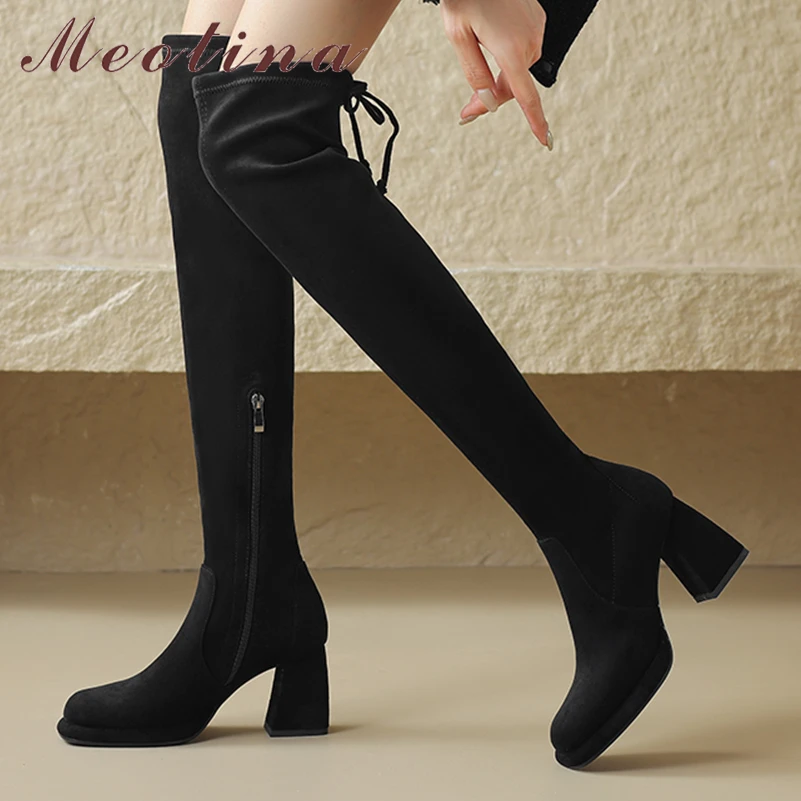 

Meotina Women Over-the-Knee Long Boots Square Toe Thick High Heels Zipper Platform Gogo Boots Ladies Fashion Shoes Autumn Winter