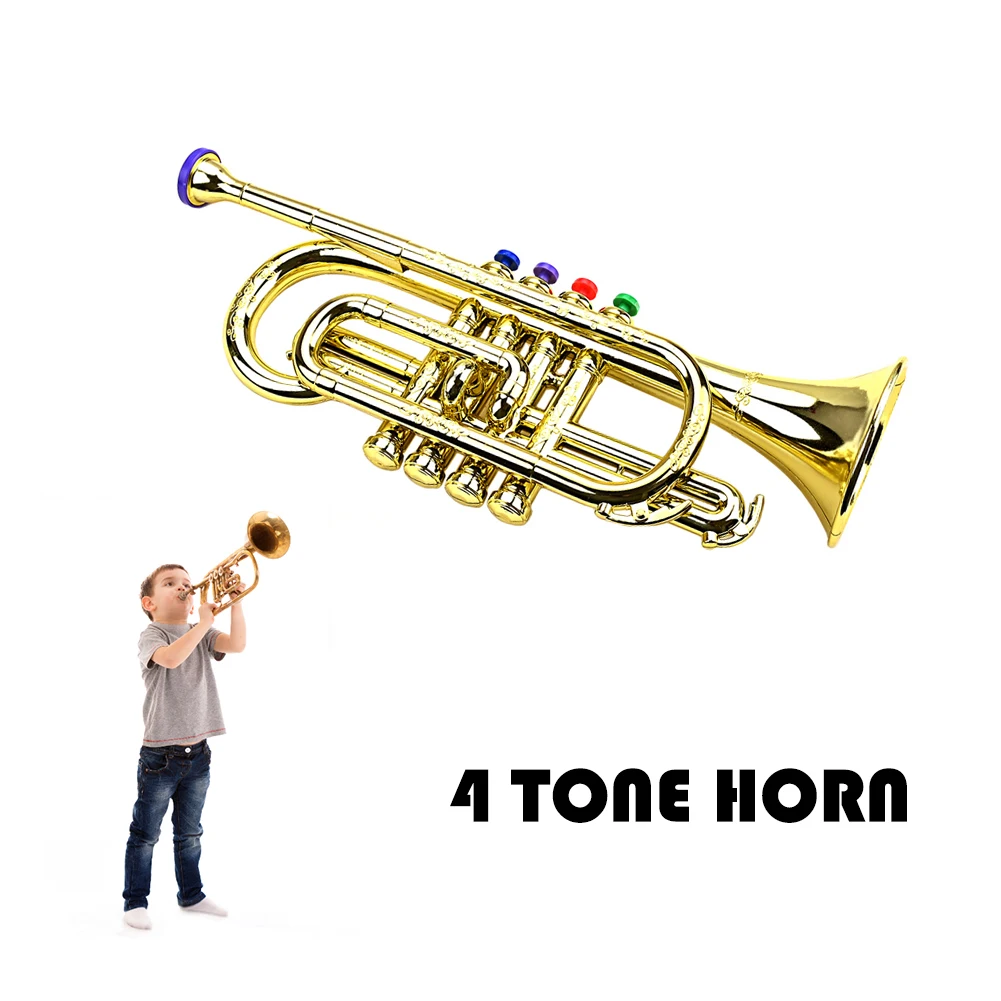 Professional Metallic Gold Trumpet Musical Educational Toy Kids Saxophone Trumpet with 4 Colored Keys Simulation Instrument