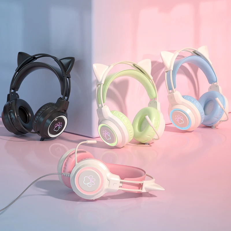 New SY-G35 Wired Cat Ear Headphones RGB Lighting 360&deg; Noise Canceling Mic HiFi Sound Quality Computer PC Laptop Gaming Headset
