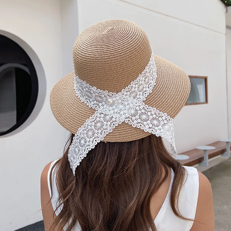 

New Simple Silk Ribbon Girl Folding Sun Hats Wide Brim Floppy Summer Women Beach Wheat Straw Dome Weave Bucket Cap Femme Shade
