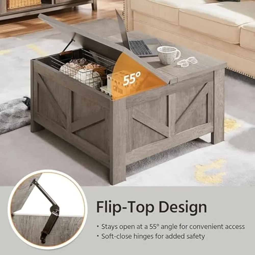 Lift Top Coffee Table, Square Farmhouse Coffee Table with Hidden Storage Compartment, Wood Center Table for Living Room, Gray 5