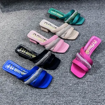 Luxury Rhinestone Sandals Women Designe Women's High Heels Square Head Sexy Fashion Dress Shoes Women's Slippers Summer Sandals - Image 1