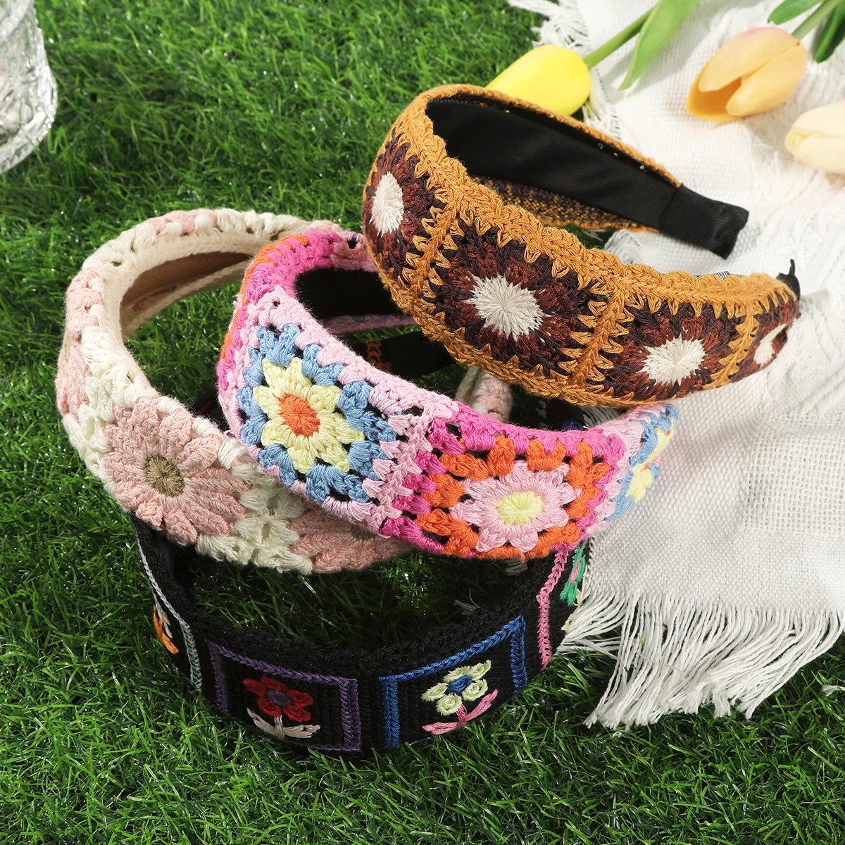 Women Crochet Headband Hair Bands GirlsWide Flower Headbands Bezel Head Hoop Autumn Winter  Hairband Fashion Hair Accessories