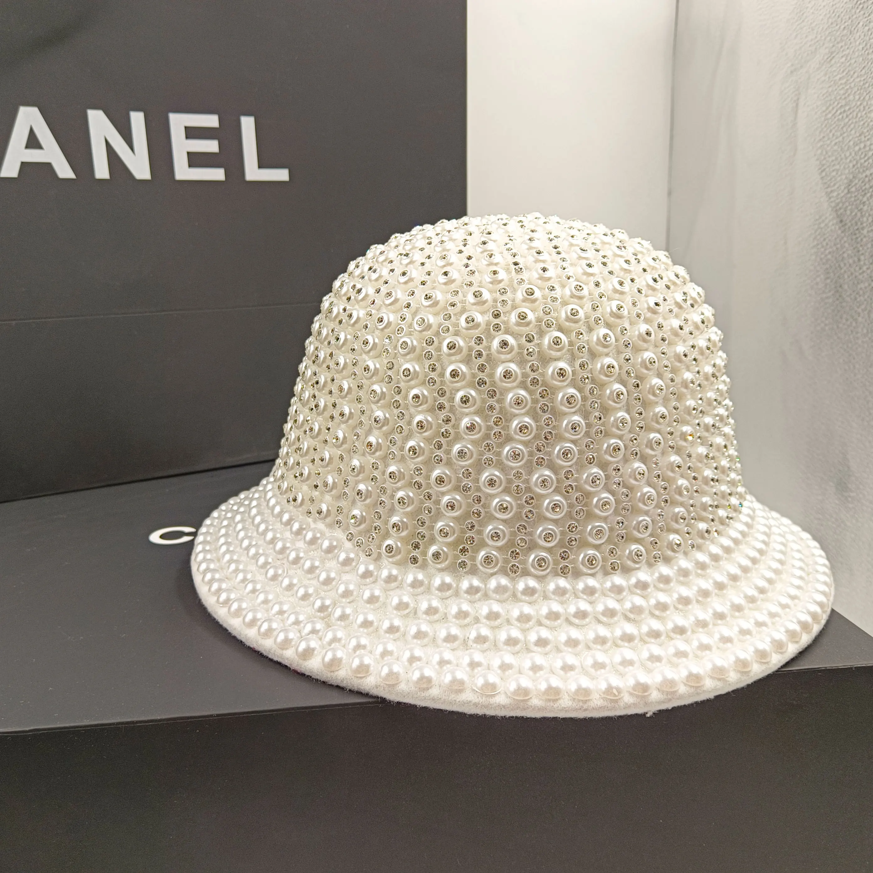 Round Top Rhinestone Pearl Fedora Handmade Rhinestone Full