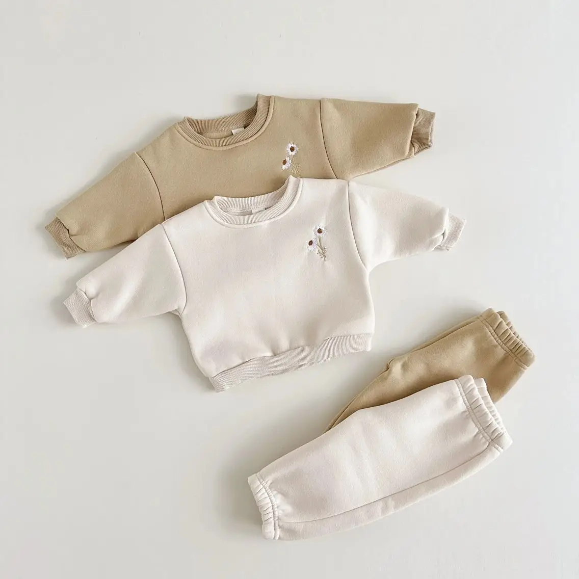 Kids Clothes Set Fall Thick Infant Fleece Embroidery Daisy Pullover Sweatshirt+Jogger Pants Baby Boys Girls 2Pcs